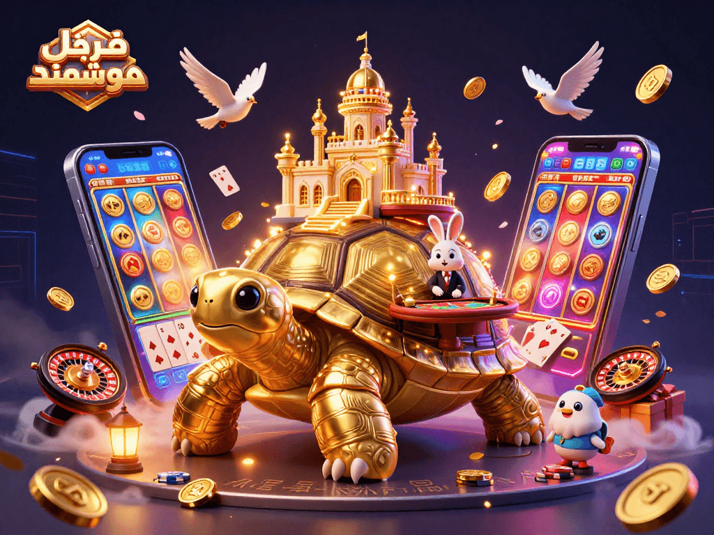 Experience the thrill of خرید قفل هوشمند through a vibrant casino-themed 3D illustration featuring a golden tortoise.