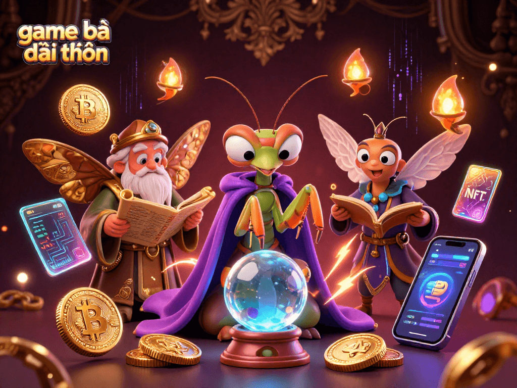 Engage in game bài đổi thưởng with a vibrant 3D cartoon scene featuring a fortune teller and ancient scrolls.