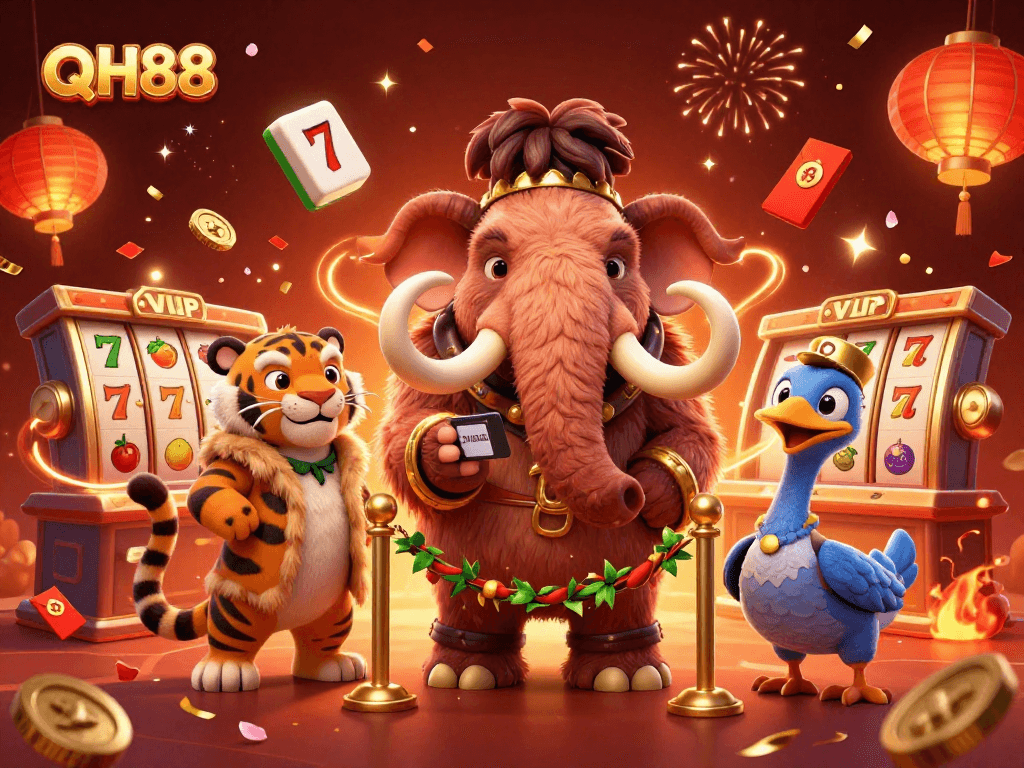 QH88 casino scene showcasing a woolly mammoth bouncer, saber-tooth VIP, and festive gambling elements.