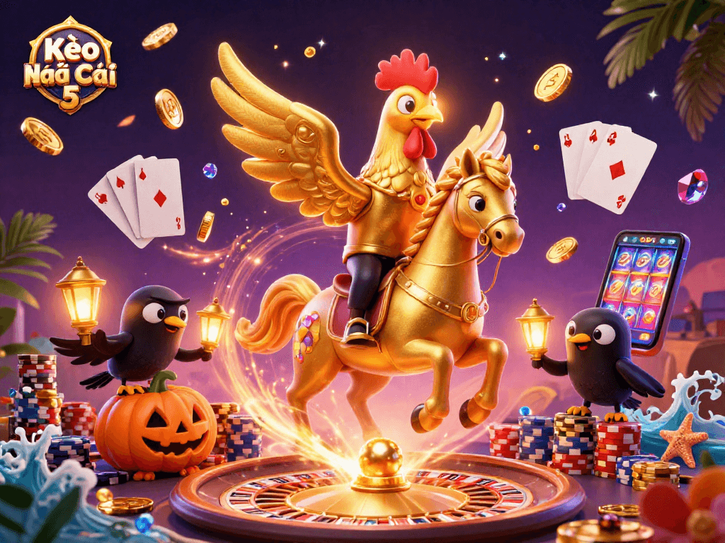 Kèo Nhà Cái 5 thrills with golden rooster character amidst vibrant casino scene.