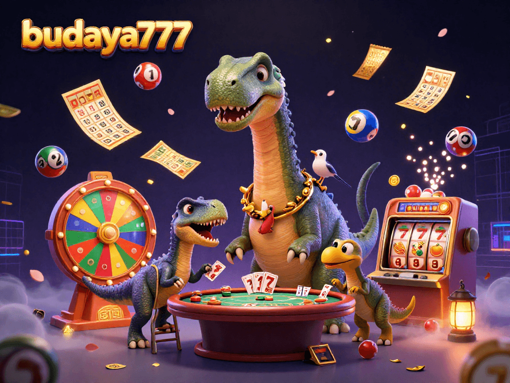 Budaya777 menampilkan brontosaurus 3D dan raptor cerdas di kasino, saling berinteraksi dengan bola lotere berwarna-warni.