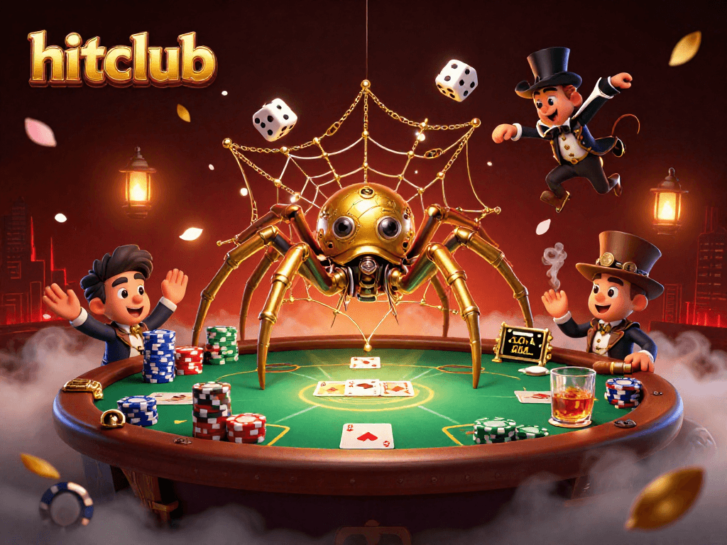 Hitclub's vibrant 3D scene depicts a steampunk spider, poker chips, and dice.