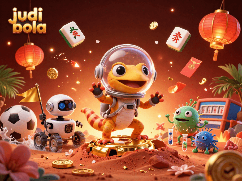 Engage in judi bola with vibrant casino elements featuring a Martian gecko and robot exploring a golden casino.