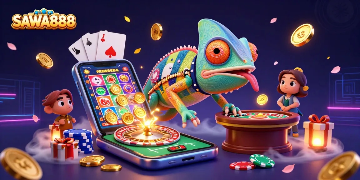 SAWA888 exciting slots action with vibrant chameleon casino owner capturing golden coins and gaming thrill.