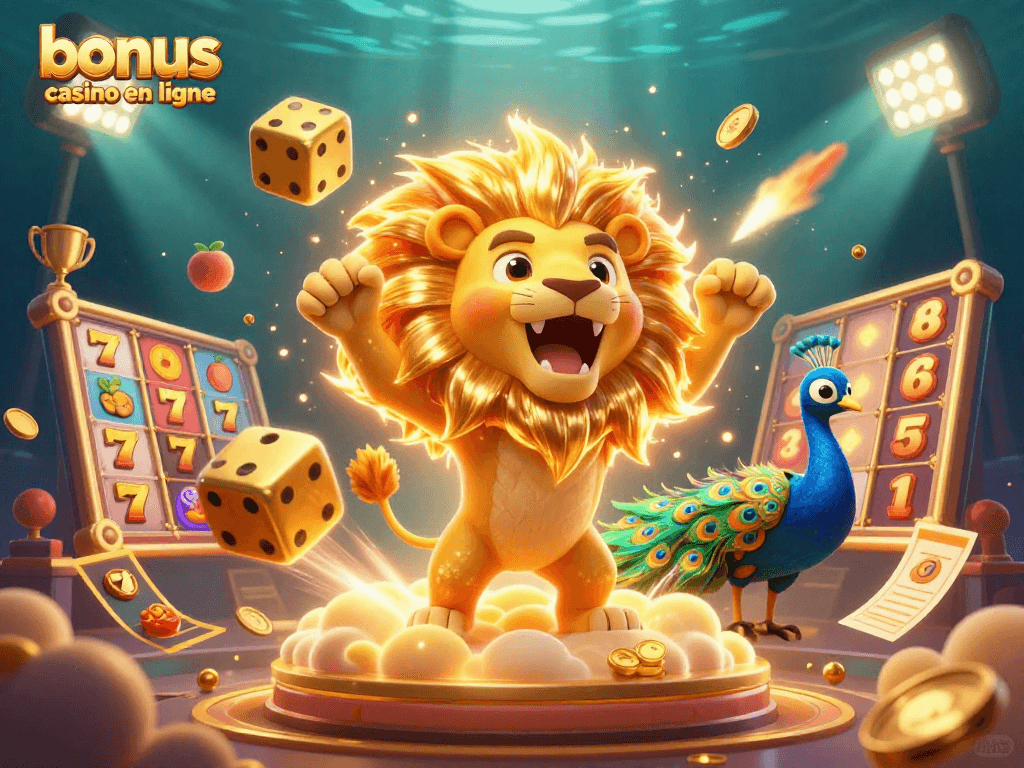 Profiter des bonus casino en ligne avec un lion rayonnant sur des rouleaux de machines à sous et des éléments dorés.
