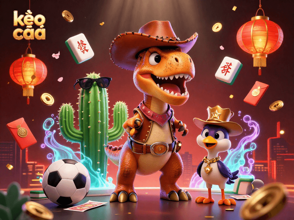Engage with kèo nhà cái in this vibrant 3D sports betting illustration featuring a cowboy dinosaur, cactus, and roadrunner amidst dynamic game elements.