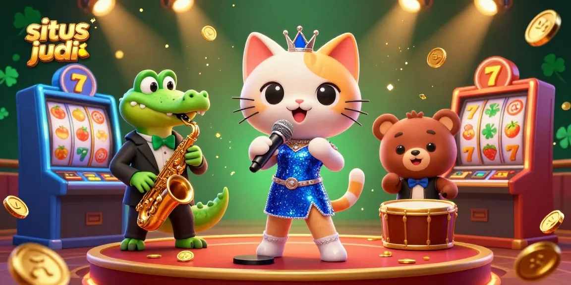 Engage with situs judi bola in a lively casino scene with cartoon characters enjoying colorful slot machines.