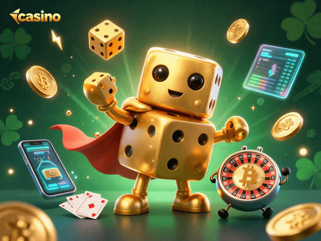 Engage with our vibrant casino scene featuring a playful golden dice golem and crypto elements.