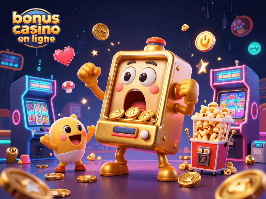 Gagnez avec le bonus casino en ligne dans cette scène joyeuse de machines à sous animées.