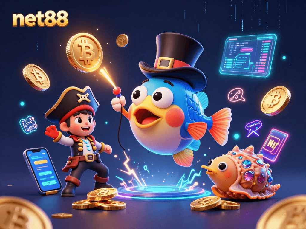Engage with net88’s vibrant 3D casino scene featuring glowing crypto coins and whimsical sea creatures.