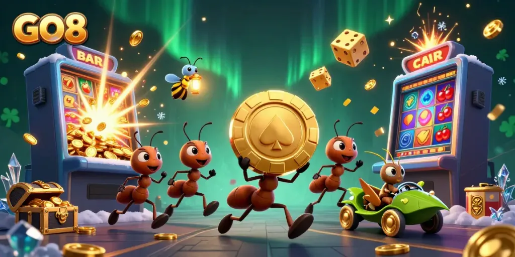 GO8's vibrant casino scene featuring animated ants carrying giant poker chips amidst slot explosion.
