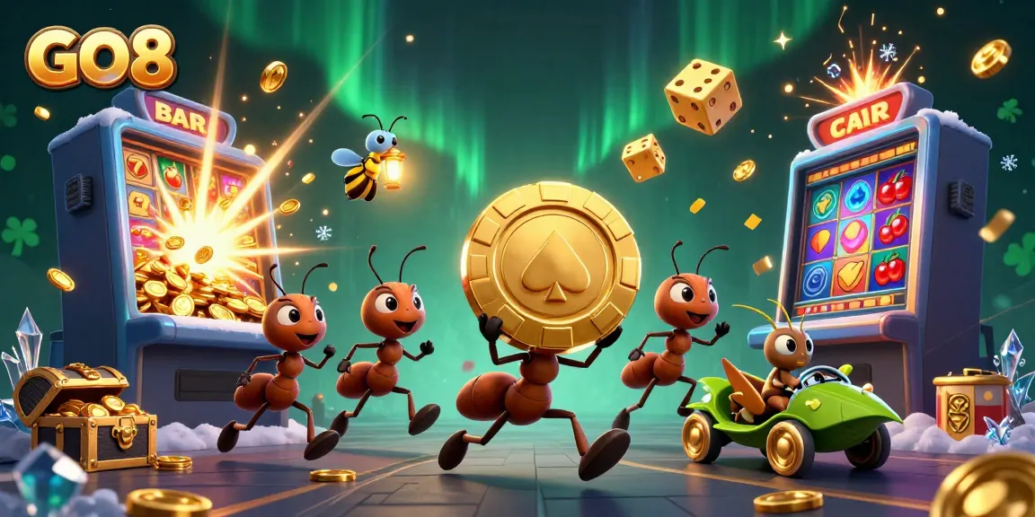 GO8's vibrant casino scene featuring animated ants carrying giant poker chips amidst slot explosion.