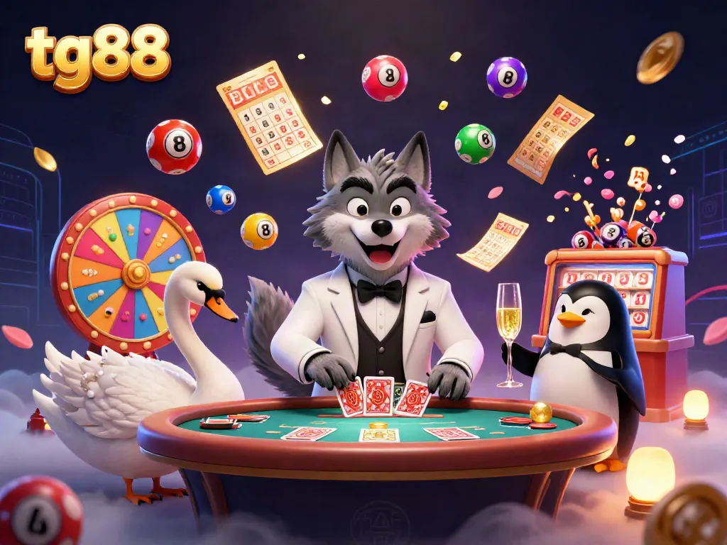 Experience a thrilling moment at tg88 casino with a debonair wolf, elegant swan, and penguin sommelier.