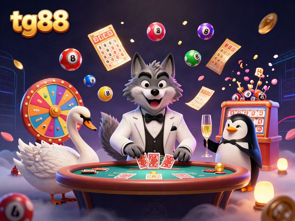Experience a thrilling moment at tg88 casino with a debonair wolf, elegant swan, and penguin sommelier.