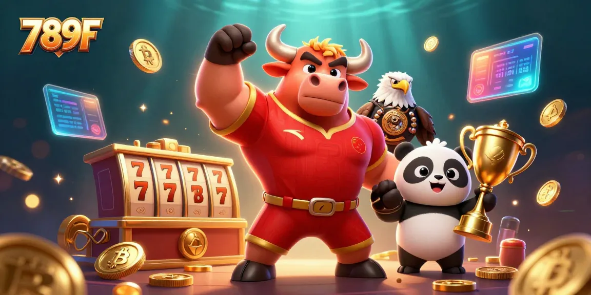Experience thrilling victories at 789F with a cartoon bull mascot and casino games in a vibrant scene.