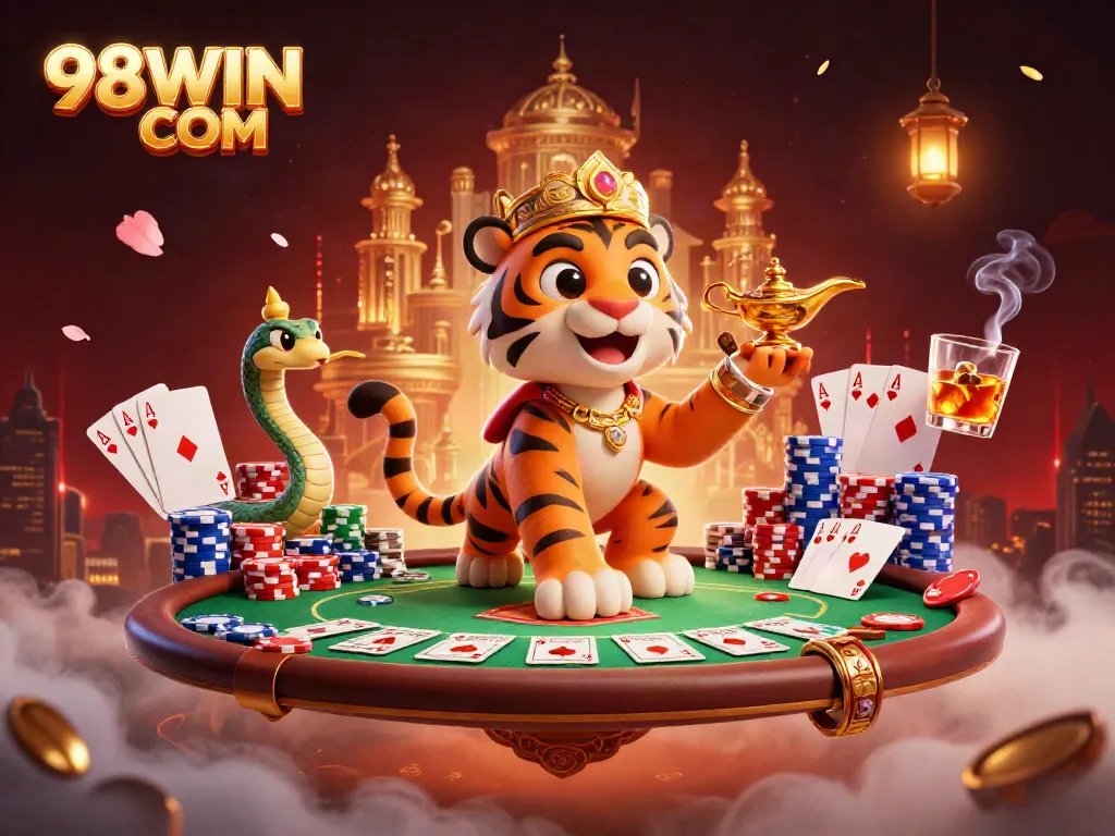 Engage with 98WIN COM's vibrant gaming experience through this captivating casino-themed 3D illustration.