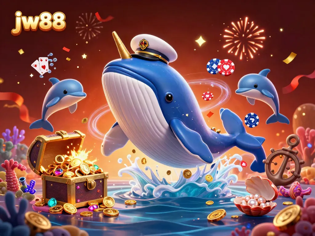 Join the adventure at JW88 with a whale breaching amidst poker chips in this vibrant underwater scene.