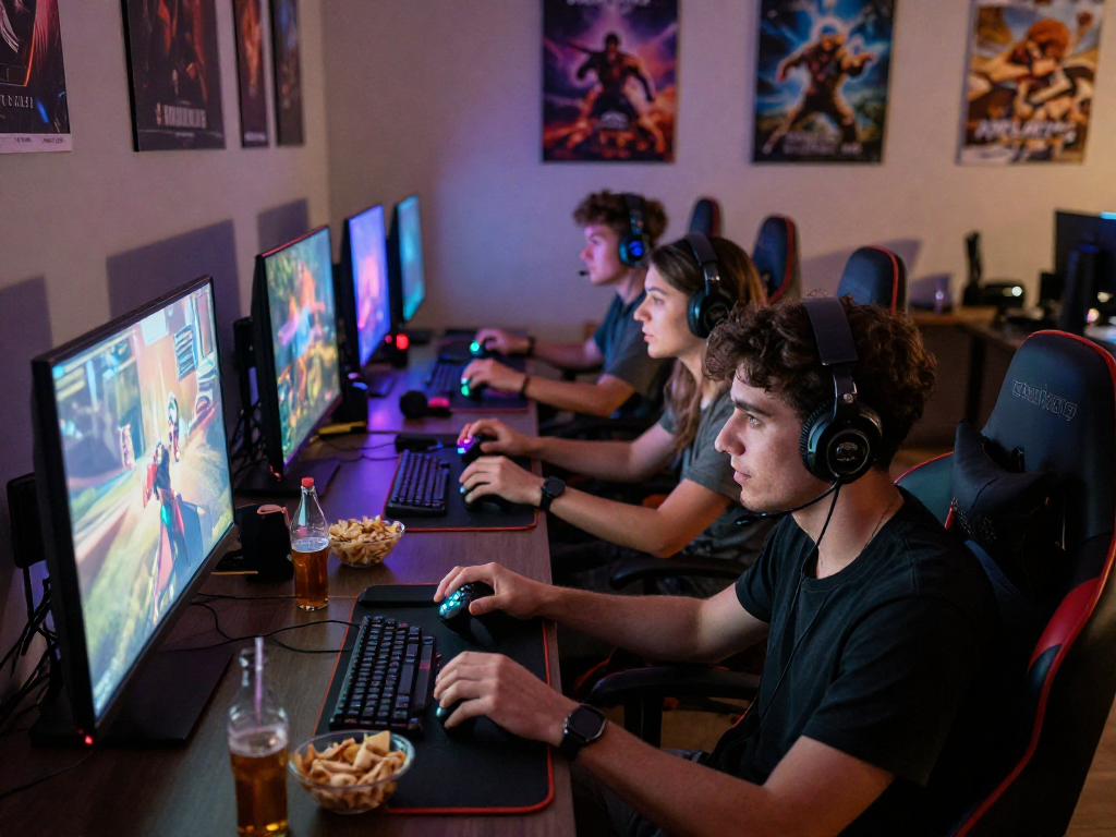 KOMBET168 gaming lounge with friends enjoying competitive play in vibrant atmosphere