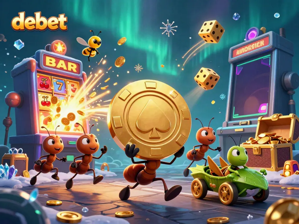 Engaging scene of debet-themed heist featuring ants and golden poker chip amidst vibrant casino elements.