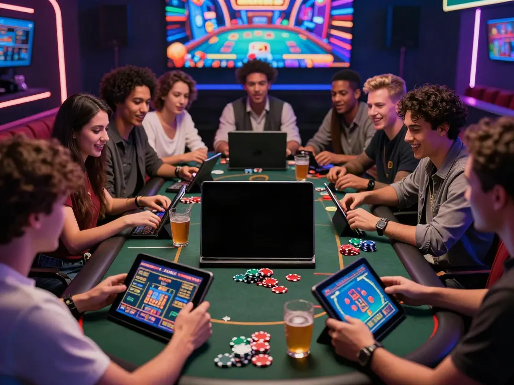 Exciting scene of friends enjoying nhà cái da88 in a vibrant gaming room