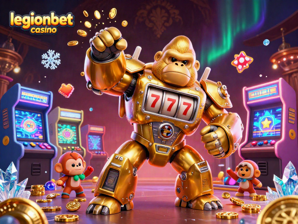 Engage with the dynamic legionbet casino scene filled with a golden gorilla mech and arcade game excitement.