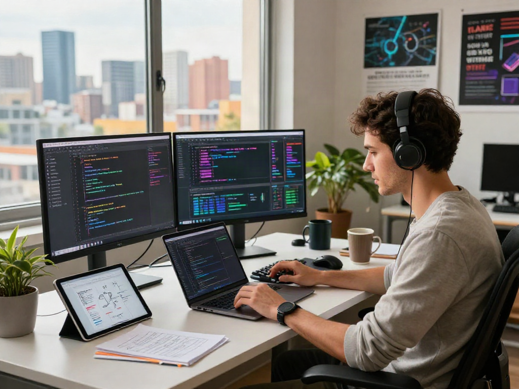 Developer coding in a vibrant workspace with ia +18 tech elements and city views.