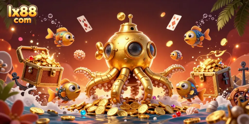 Engage with the immersive world of lx88 com, where a golden kraken submarine explores a treasure-rich underwater realm.
