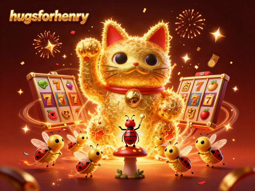 Experience the excitement of slots with hugsforhenry as casino elements surround a whimsical lucky cat.