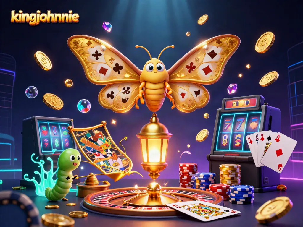 Experience the vibrant excitement of kingjohnnie with an illustration showcasing casino elements and golden wings.