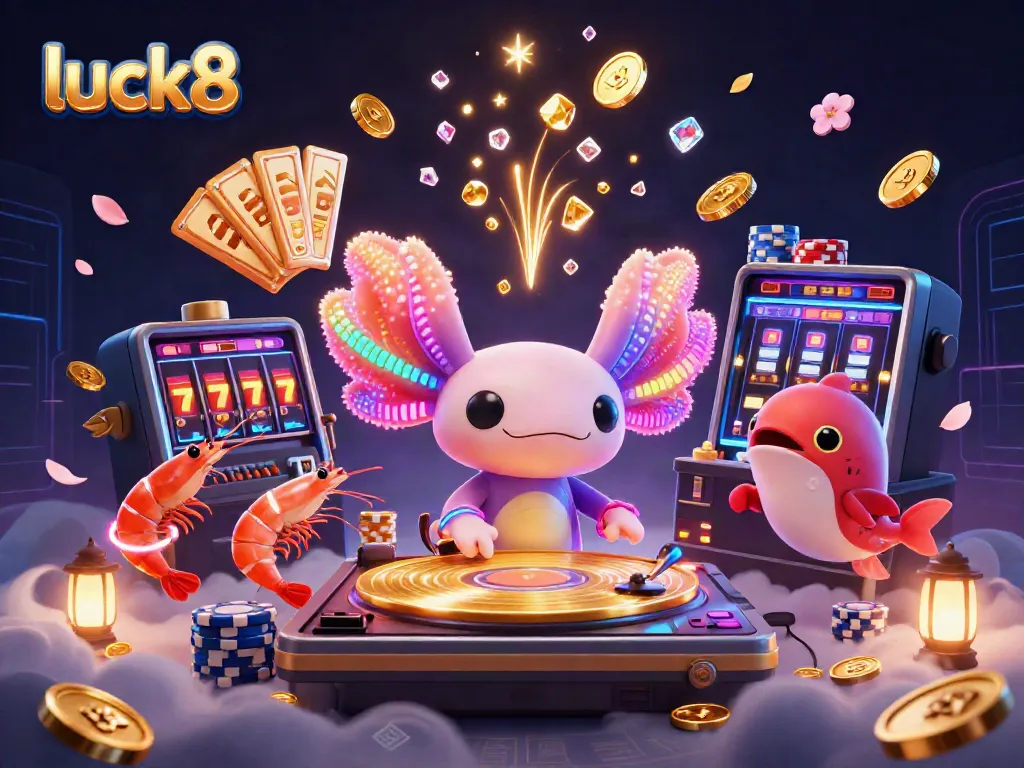 Experience the vibrant world of luck8 as the axolotl DJ spins winning slot reels amidst a colorful casino celebration.