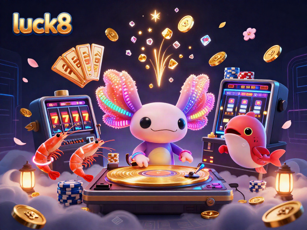 Experience the vibrant world of luck8 as the axolotl DJ spins winning slot reels amidst a colorful casino celebration.