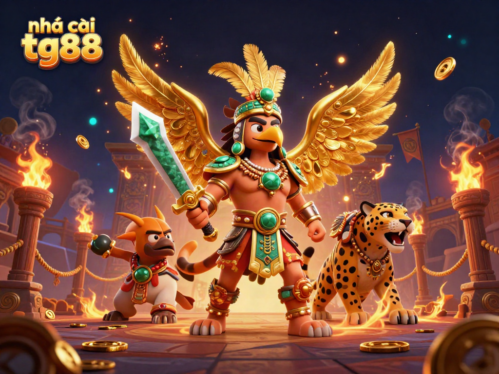 Engage with the vibrant scene depicting Nhà cái tg88 featuring dynamic warriors and casino elements.
