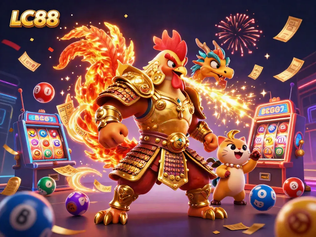 Win big with LC88 featuring a vibrant scene of a warrior rooster, a dragon hatchling, and gaming elements.