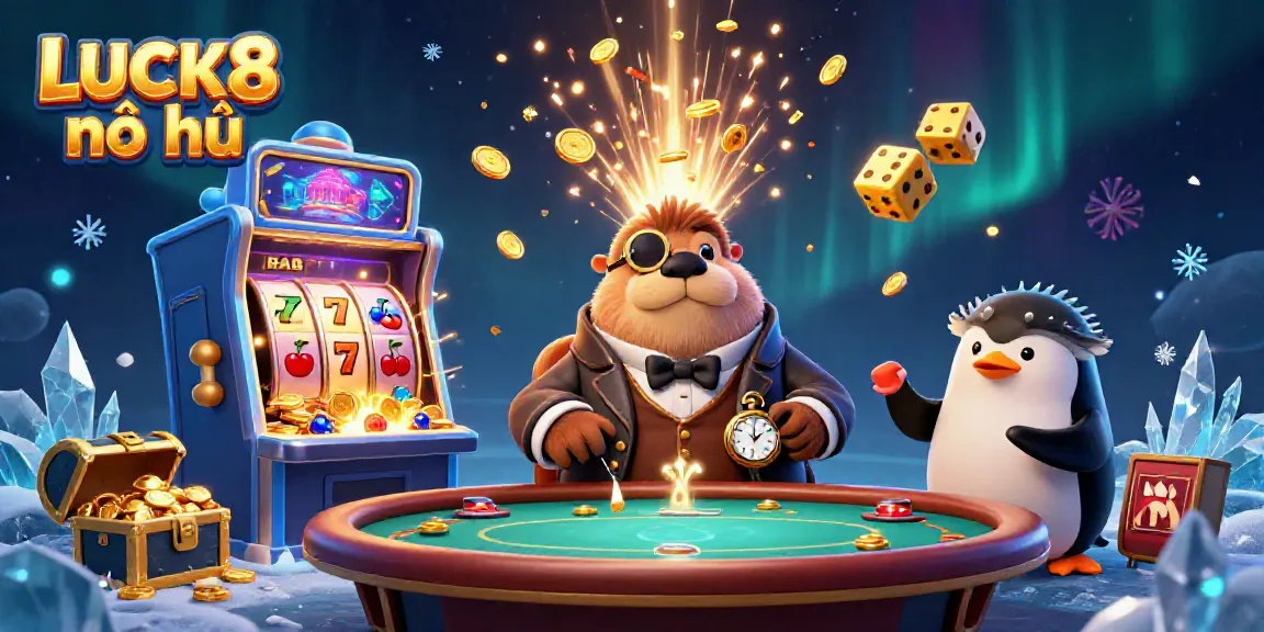 Experience LUCK8 nổ hũ with a dynamic scene featuring a jolly walrus, a penguin dealer, and a pufferfish player at a vibrant underwater poker table.