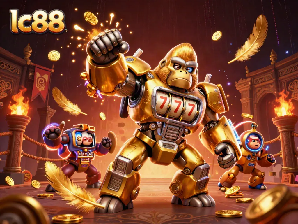 Experience exhilarating gameplay at lc88 with a striking golden gorilla mech and vibrant casino elements.