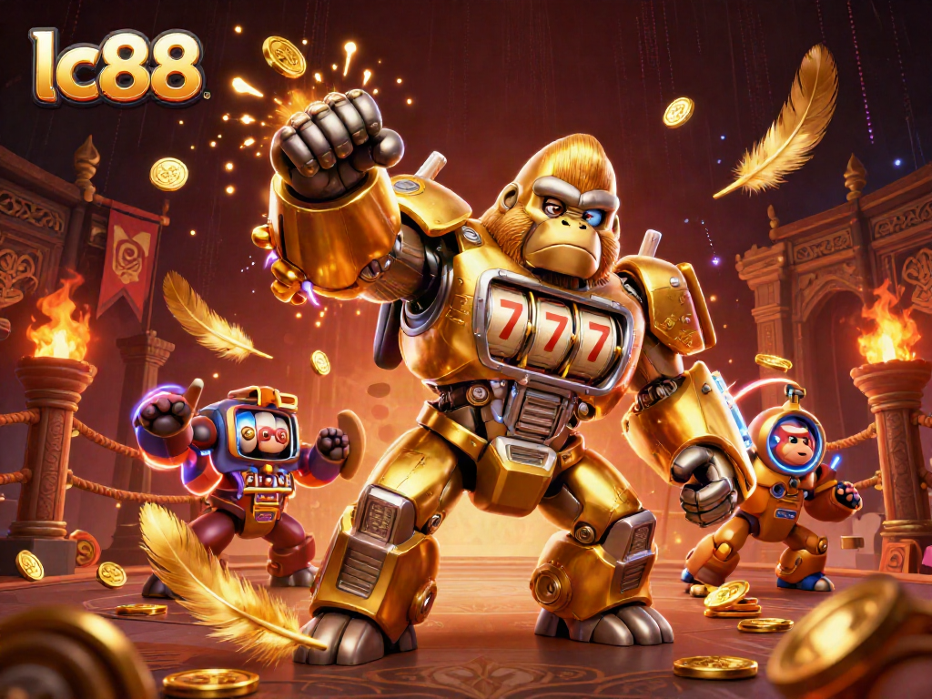 Experience exhilarating gameplay at lc88 with a striking golden gorilla mech and vibrant casino elements.