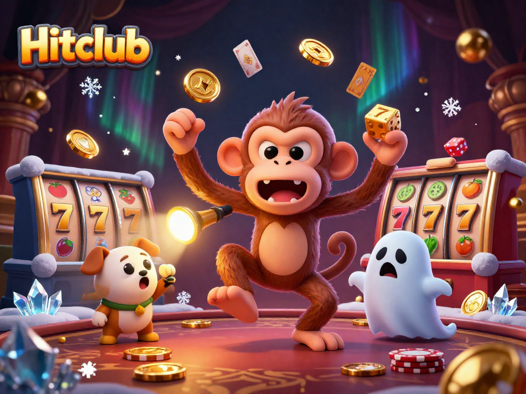 Catch golden treasures at Hitclub with playful spirits and slot games in a haunted casino scene.