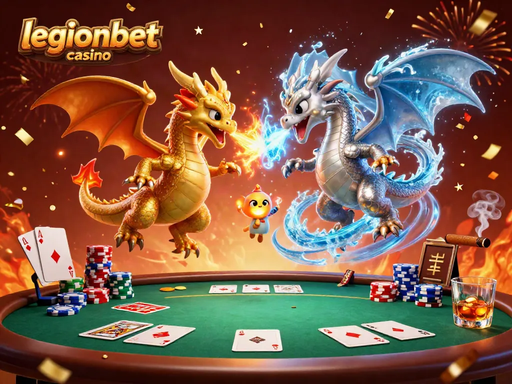 Experience the excitement of legionbet casino with dragons and poker elements in a vivid scene.