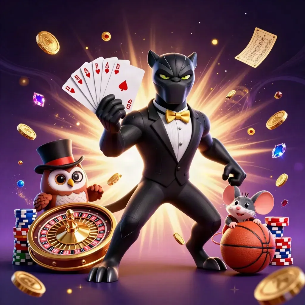 Panther, owl and mouse in a casino scene with chips, cards, coins, balls and glowing lights.