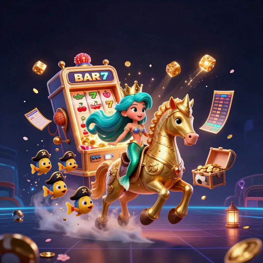 Mermaid princess rides a gold-armored seahorse amid slot-machine gold, dice, sports items, and glowing magic.
