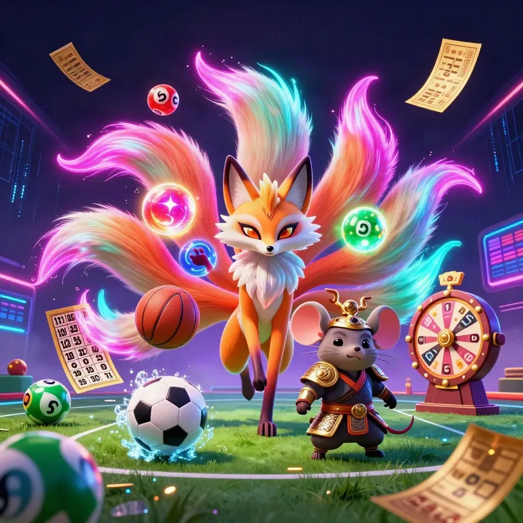 Neon fox spirit and gold-armoured mouse amid casino symbols, balls, wheel, and glowing sports gear.