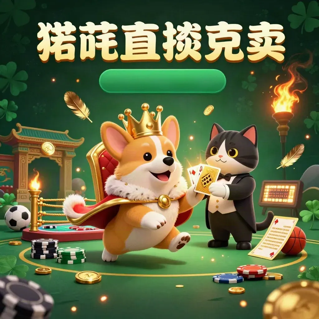 Crowned royal corgi and cat butler amid gold, smoke, chips, and sports props in a dark emerald casino scene.
