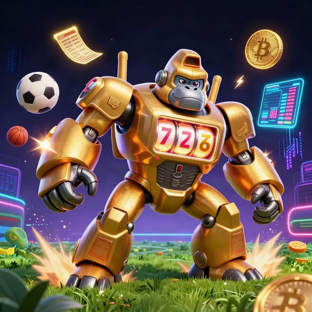 Golden gorilla mech with monkey pilot, sports balls, coins, and neon betting effects in a dark casino scene.