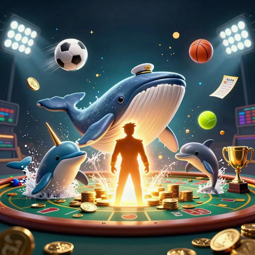 Whale captain, narwhal and dolphins burst through coins with sports balls and golden lights.