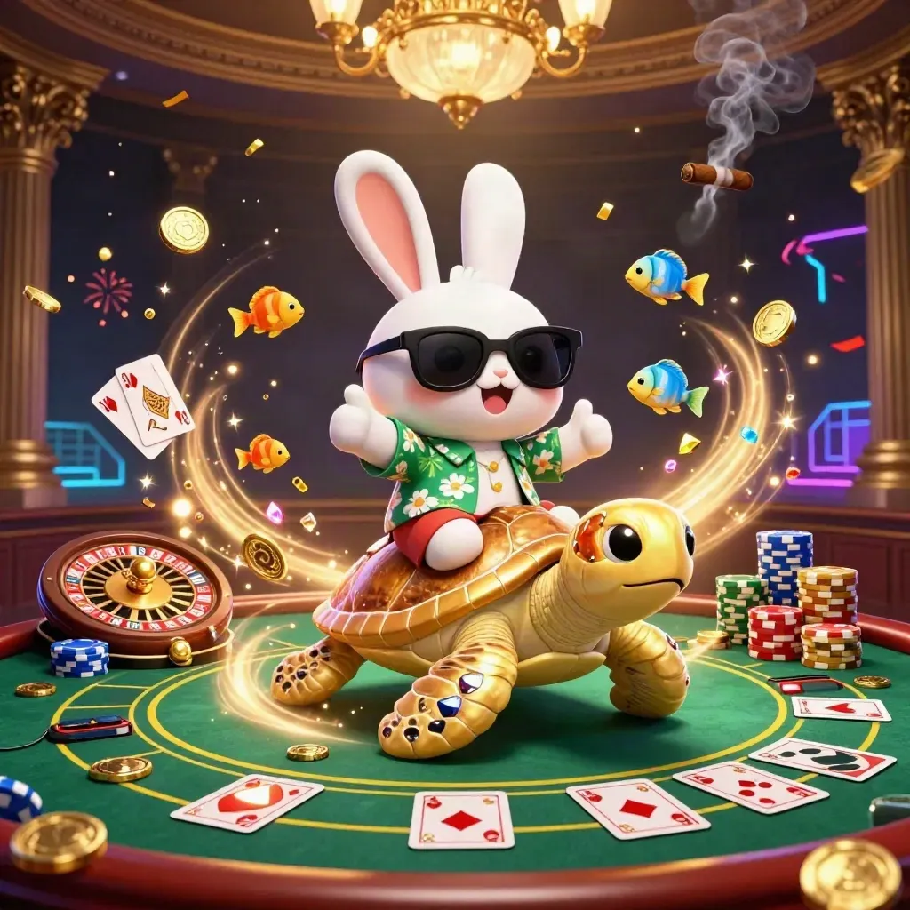 Lucky rabbit on a golden sea turtle amid casino coins, cards, chips and neon fireworks.