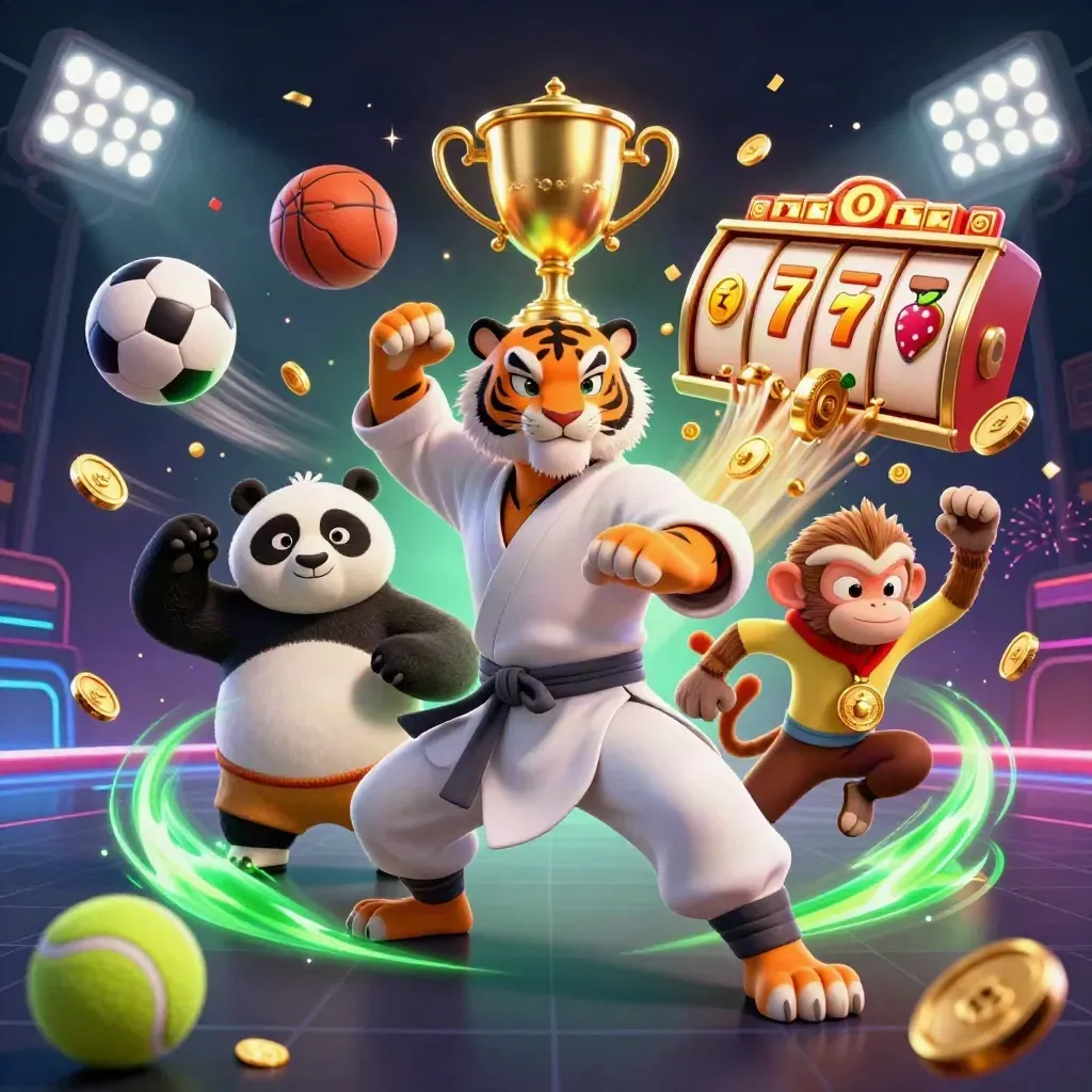 Tiger, panda, and monkey kung-fu heroes amid sports balls, trophy, coins, and neon casino energy