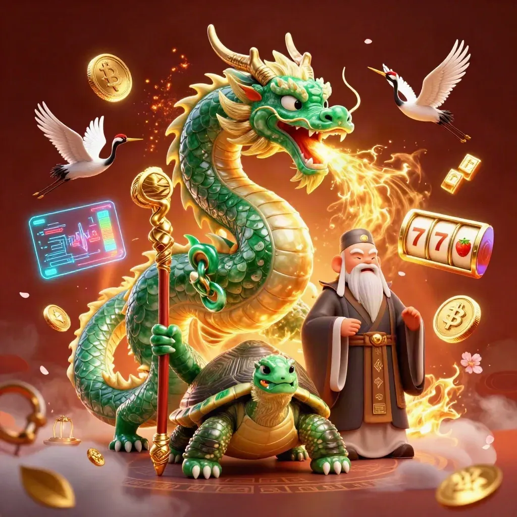 Emerald dragon, turtle sage, and cranes amid gold fire, crypto coins, reels, and runes.