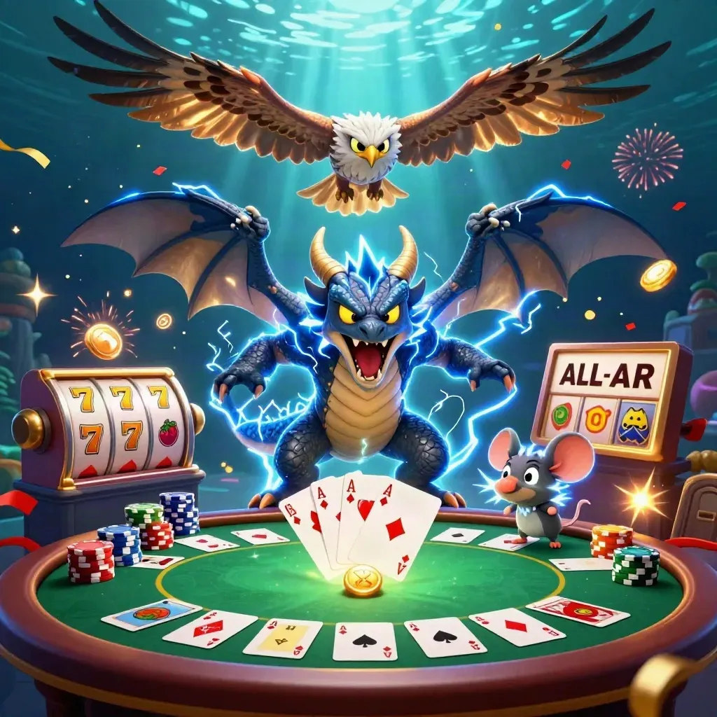 Thunder dragon, wind hawk, and thunder-mouse amid poker chips, cards, lightning, and casino glow.