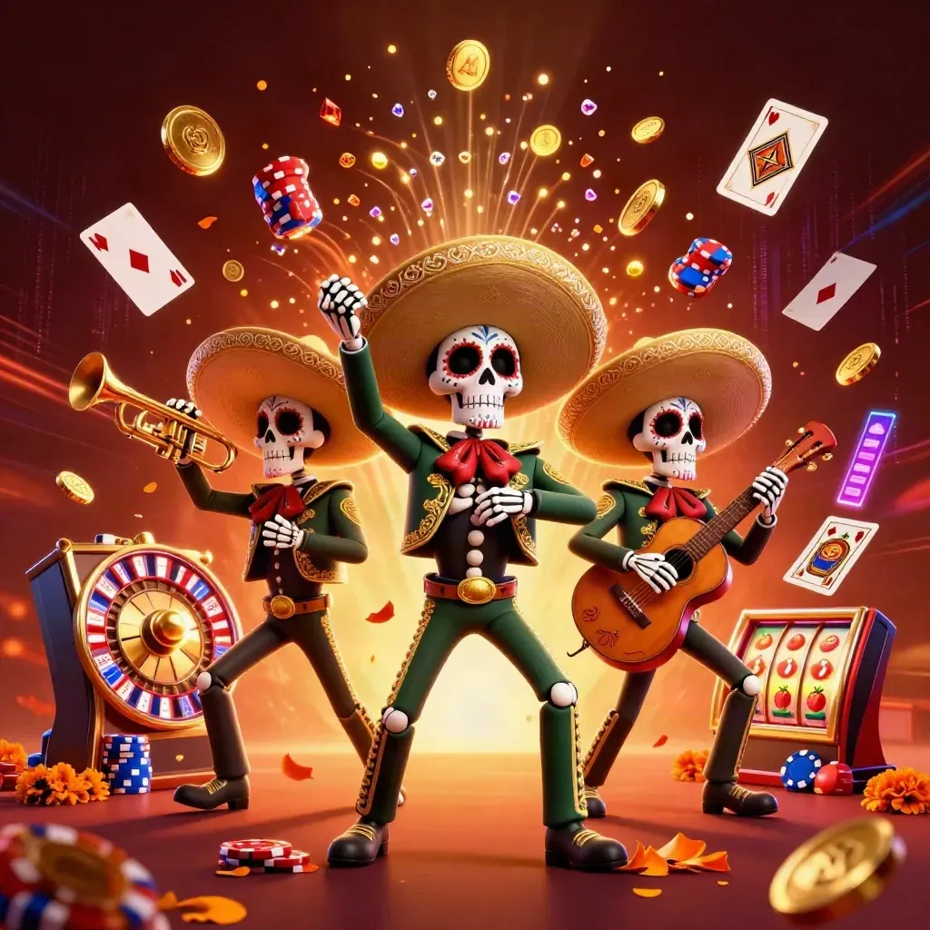 Skeleton mariachi trio with coins, chips, cards, roulette wheel, and ember glow