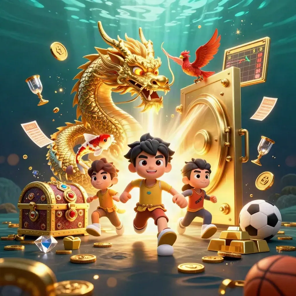 Golden dragon, phoenix and koi bursting from a treasure vault amid sports betting props